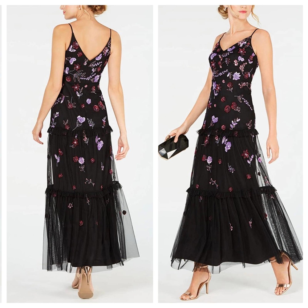 ADRIANNA PAPELL Embroidered Purple Beaded Floral Maxi Gown Dress – Large / US 14